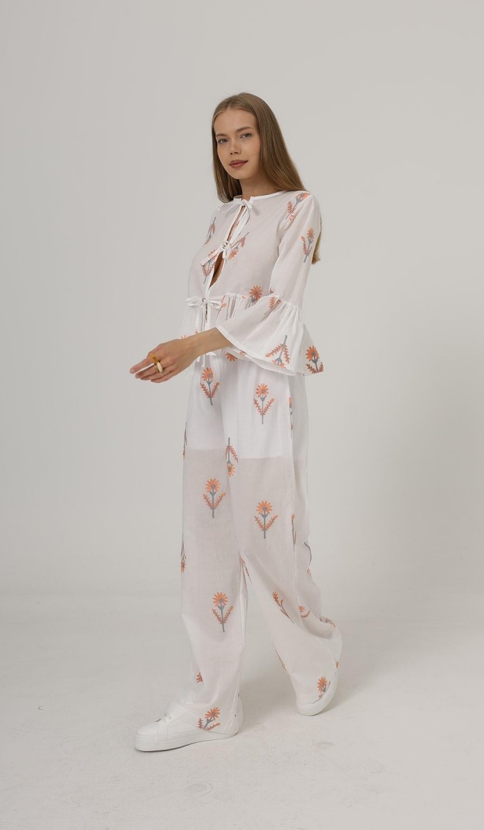 İşlemeli Oversize Pantolon - Beyaz STD rt20050