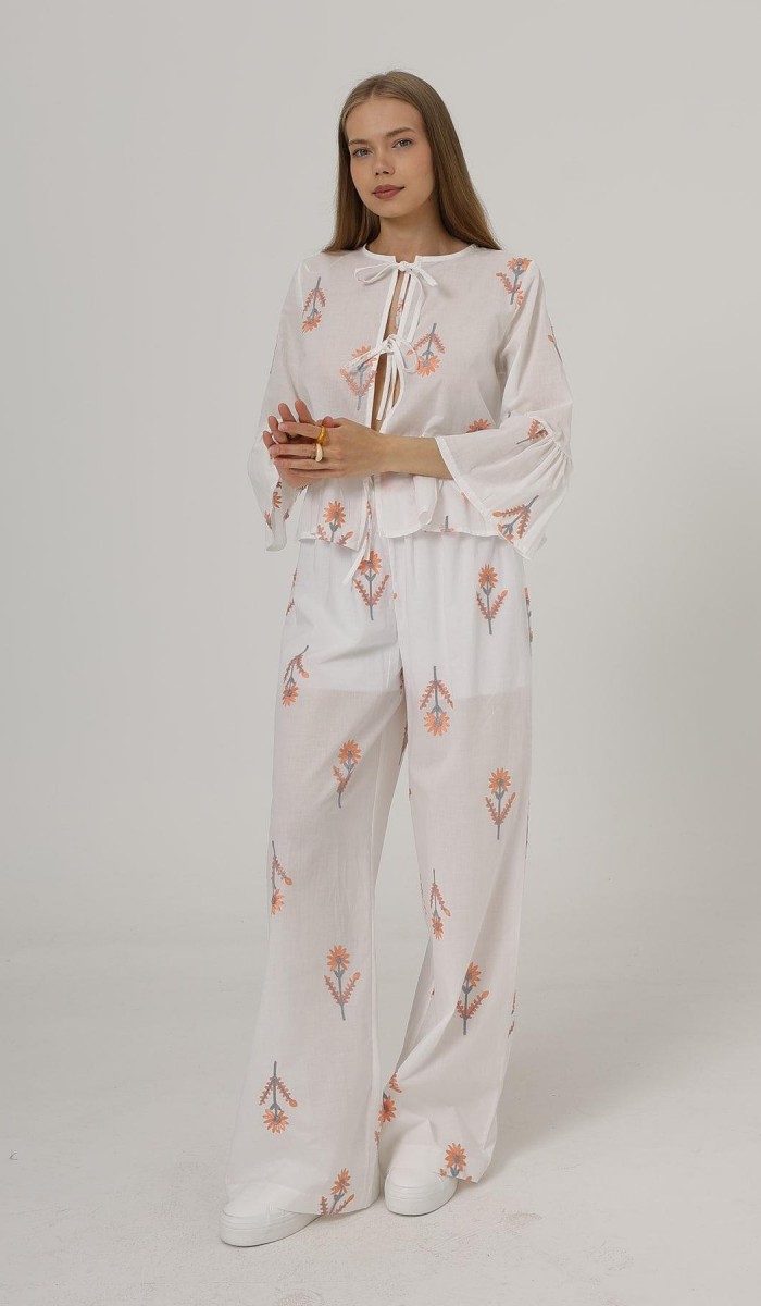 İşlemeli Oversize Pantolon - Beyaz STD