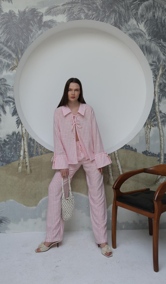 Çizgili Bağlamalı Pantolon Takım - Pembe STD Çizgili Bağlamalı Pantolon Takım - Pembe STD