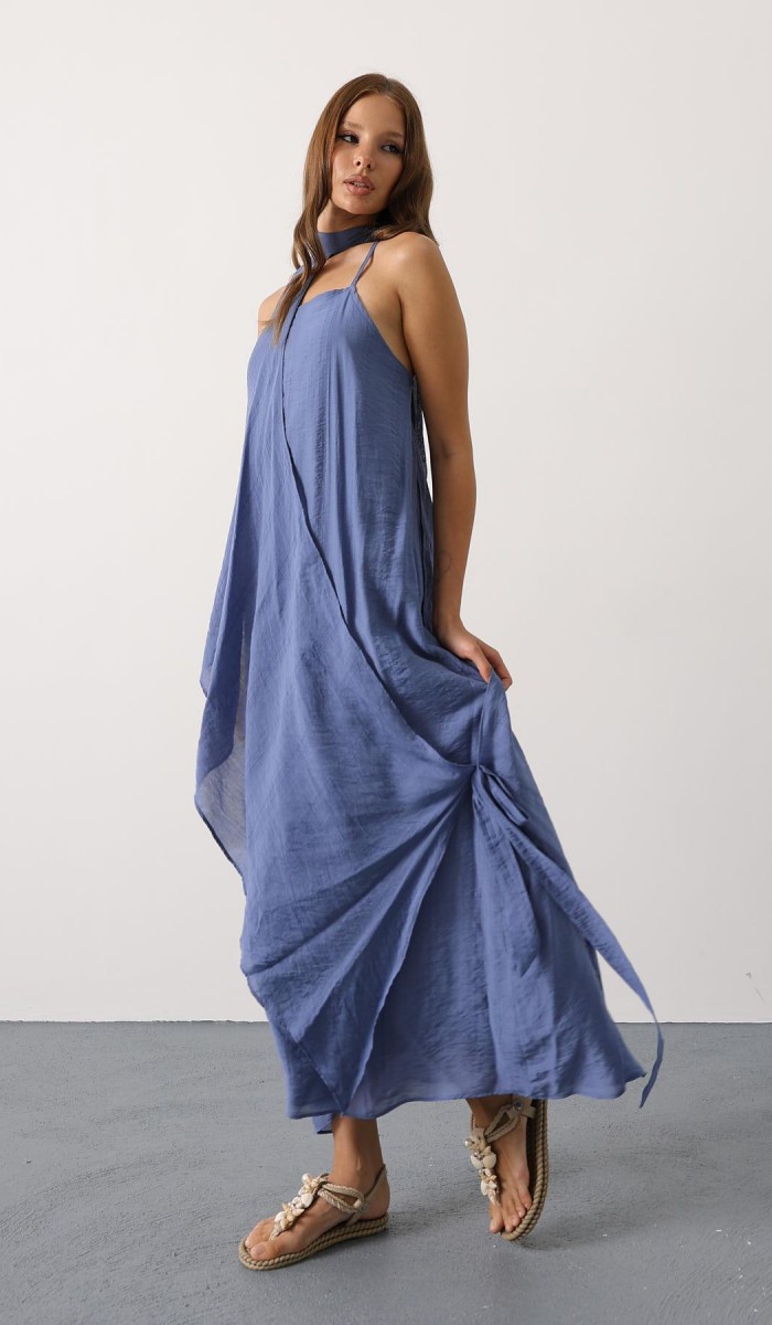 Asimetrik Bağlamalı Uzun Bohem Elbise - İndigo STD rt20968