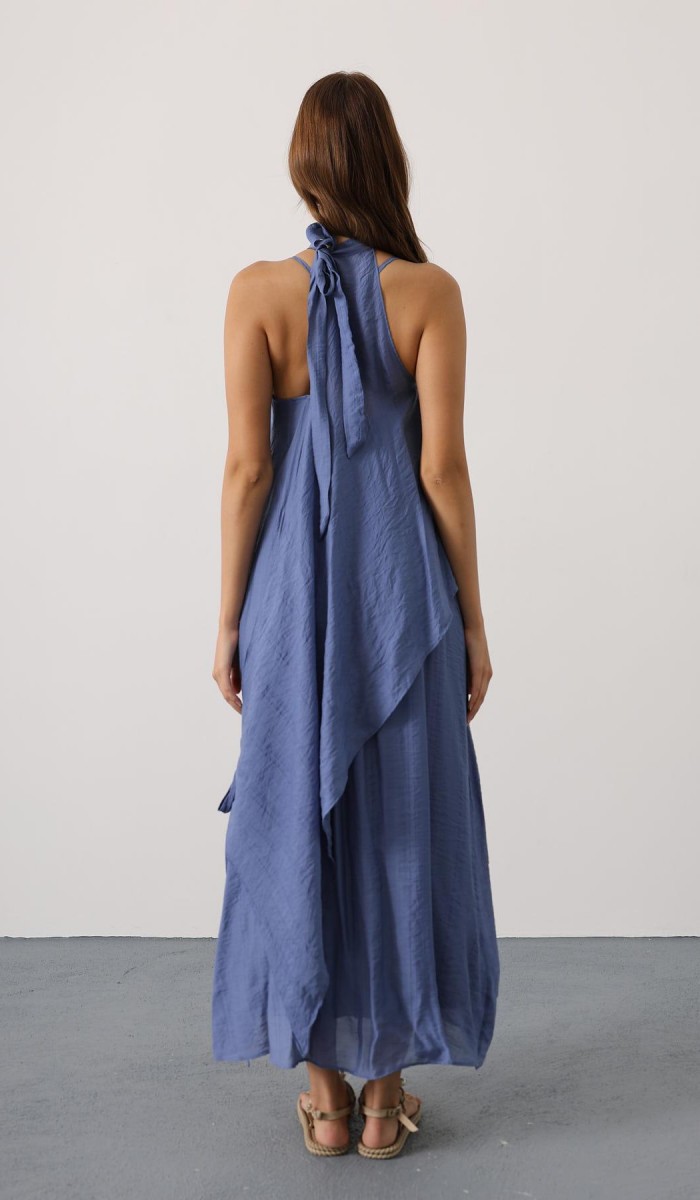 Asimetrik Bağlamalı Uzun Bohem Elbise - İndigo STD rt20968