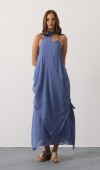 Asimetrik Bağlamalı Uzun Bohem Elbise - İndigo STD rt20968