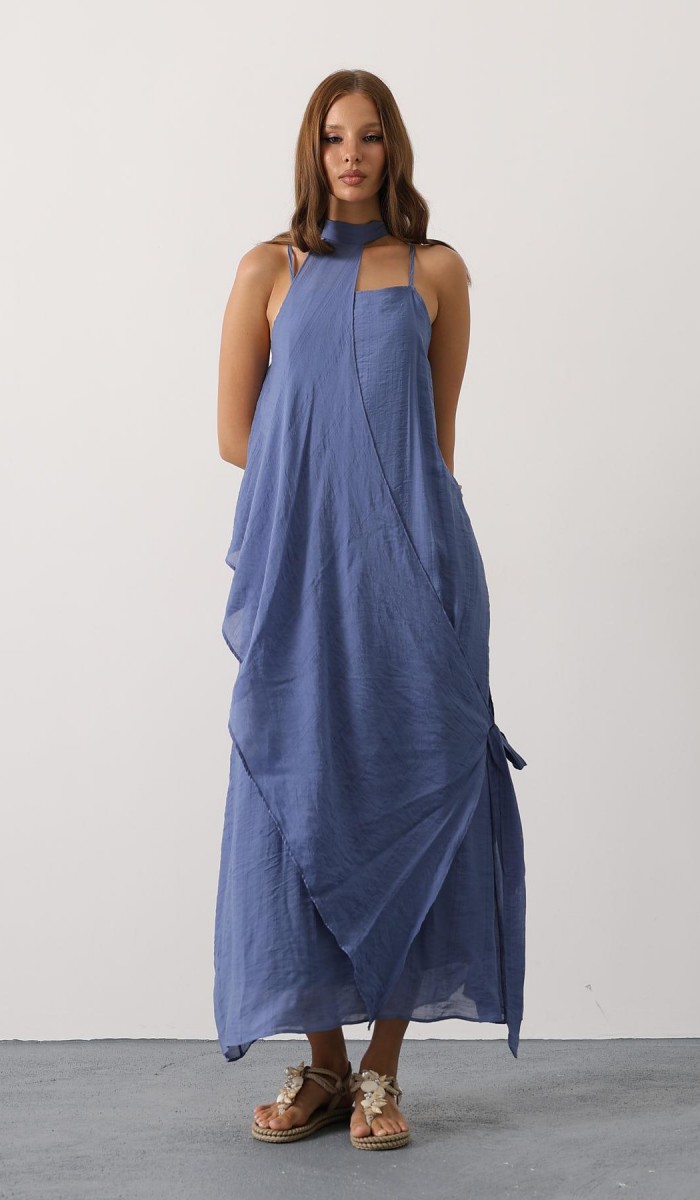 Asimetrik Bağlamalı Uzun Bohem Elbise - İndigo STD rt20968