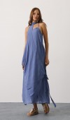 Asimetrik Bağlamalı Uzun Bohem Elbise - İndigo STD rt20968