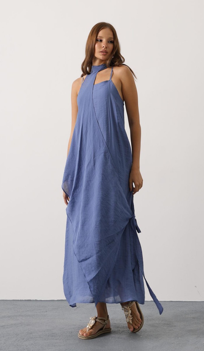 Asimetrik Bağlamalı Uzun Bohem Elbise - İndigo STD rt20968