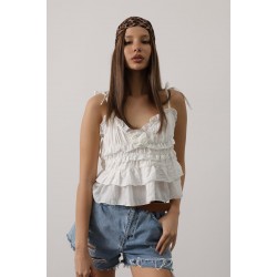 Askılı Gül Detaylı Bluz - Beyaz STD