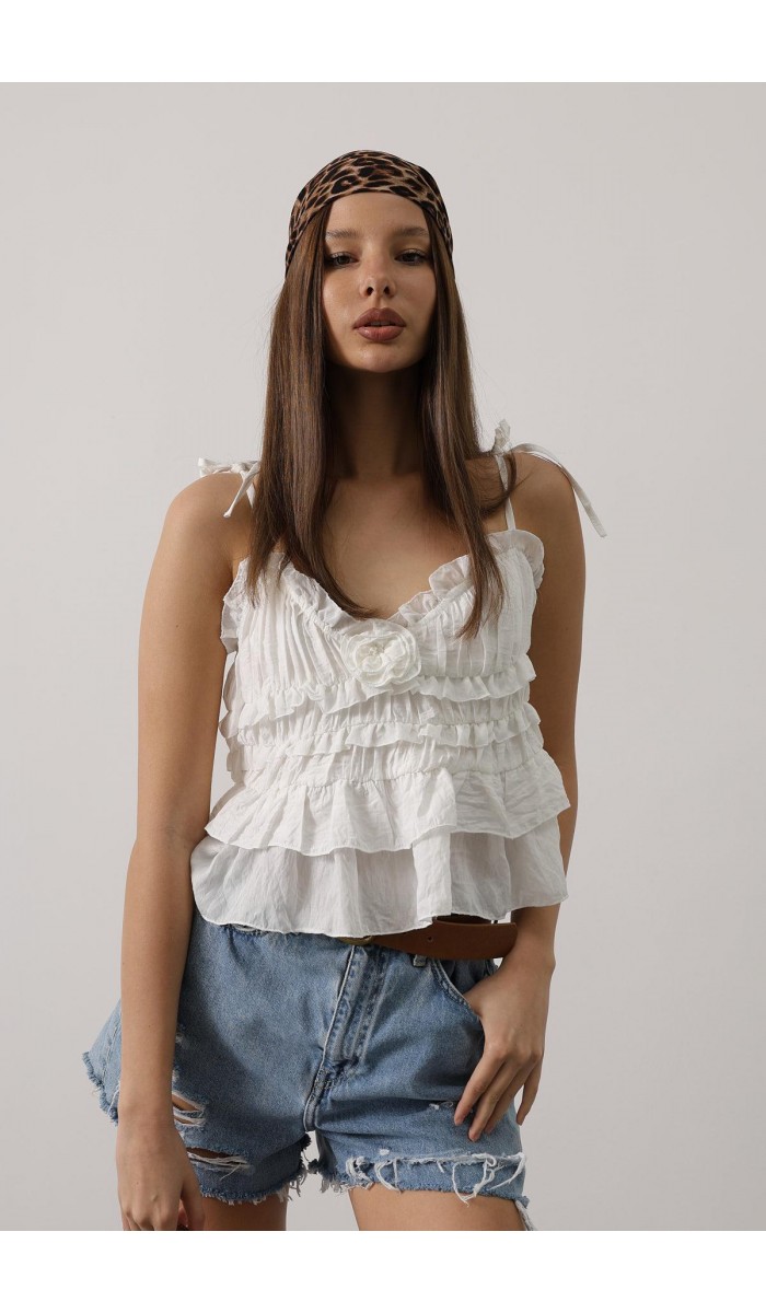 Askılı Gül Detaylı Bluz - Beyaz STD