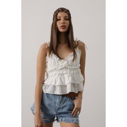 Askılı Gül Detaylı Bluz - Beyaz STD