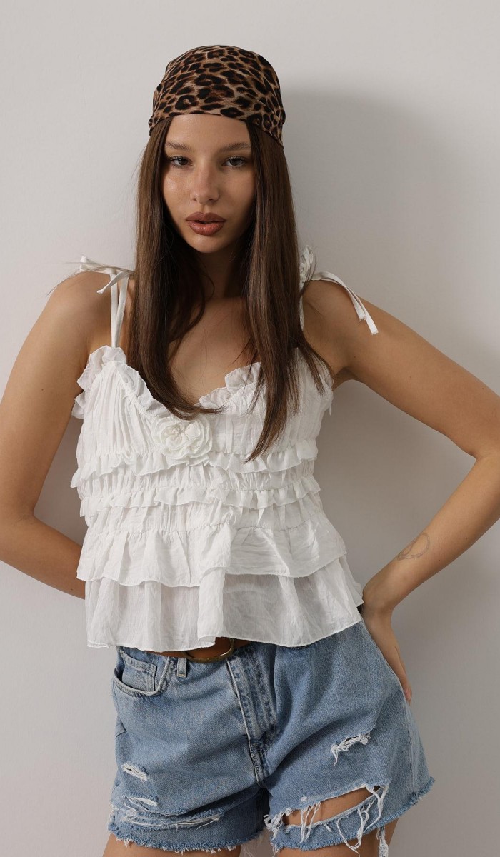 Askılı Gül Detaylı Bluz - Beyaz STD rt18185