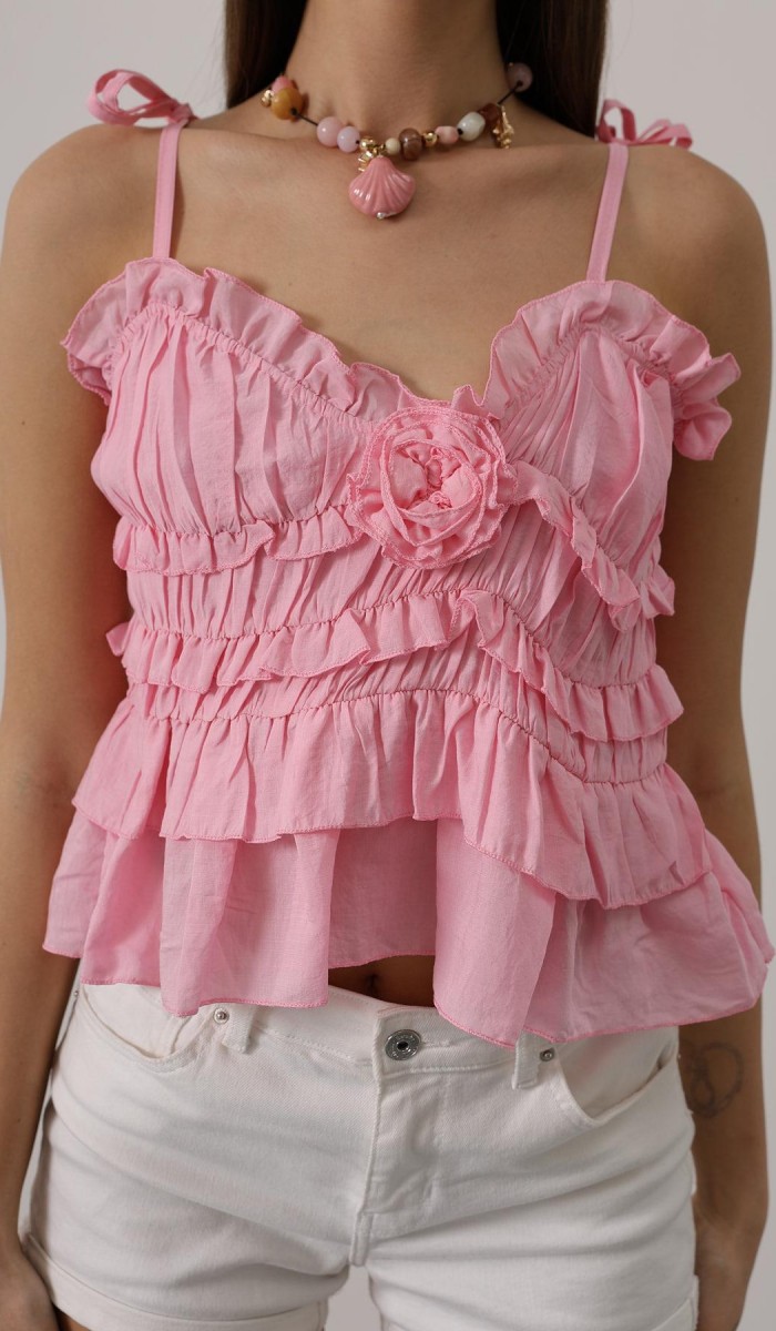 Askılı Gül Detaylı Bluz - Pembe STD rt18184