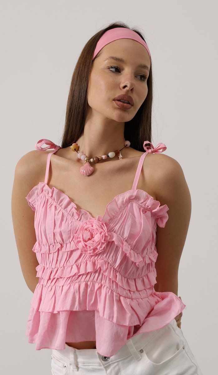 Askılı Gül Detaylı Bluz - Pembe STD rt18184