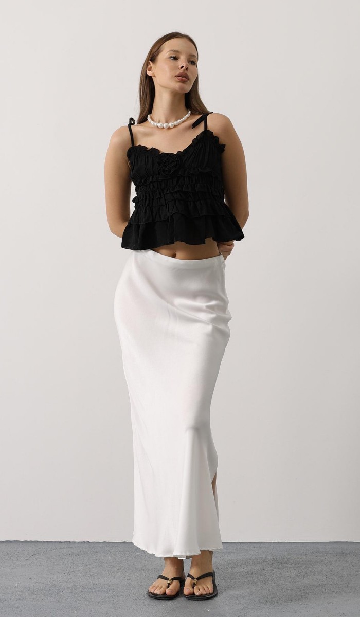 Askılı Gül Detaylı Bluz - Siyah STD rt18186