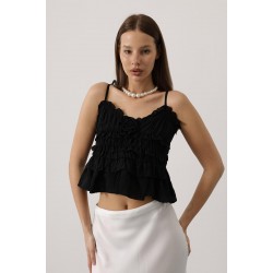 Askılı Gül Detaylı Bluz - Siyah STD