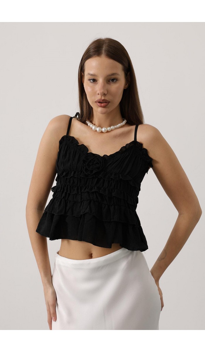 Askılı Gül Detaylı Bluz - Siyah STD