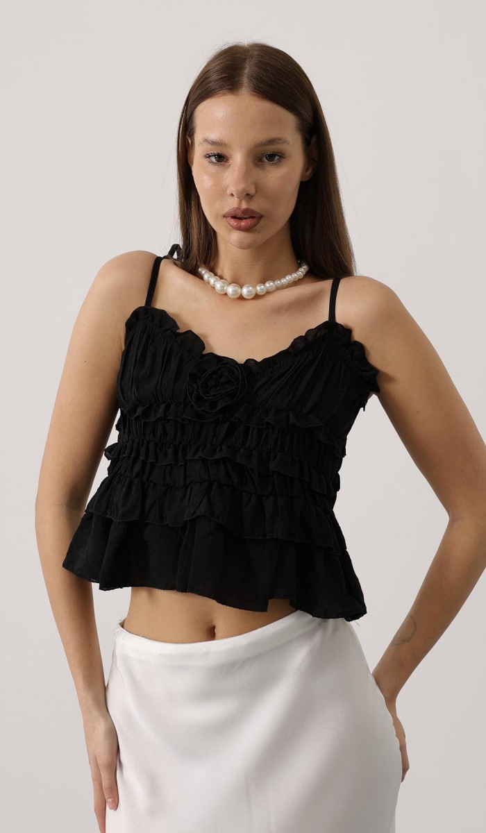 Askılı Gül Detaylı Bluz - Siyah STD