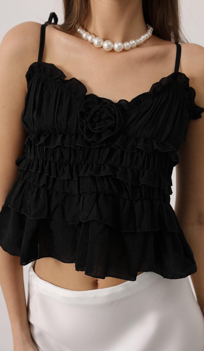 Askılı Gül Detaylı Bluz - Siyah STD rt18186