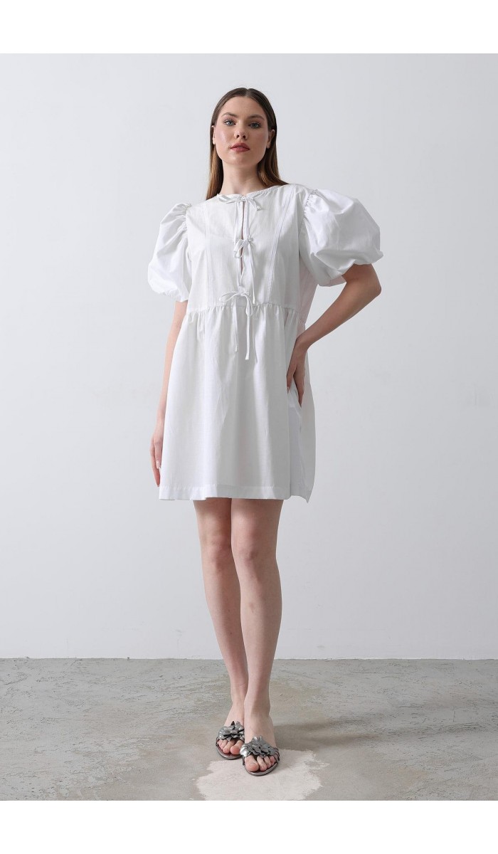 Balon Kol Kurdale Detaylı Elbise - Beyaz STD