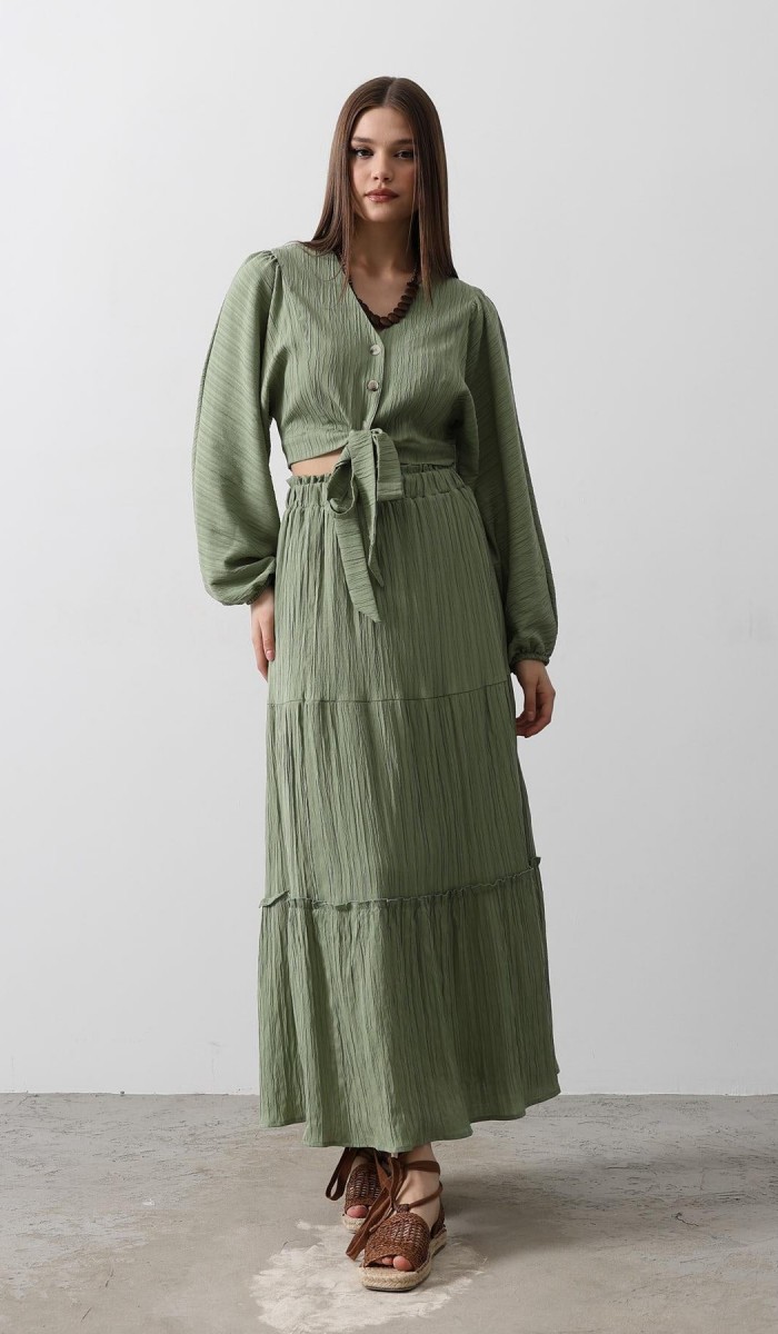 Balon Kollu Etekli Kaş Takım - Haki STD