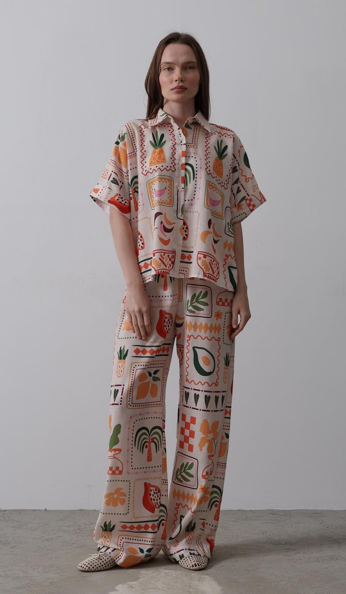 Baskılı Kısa Kol Pantolon Takım - Taş-Oranj STD