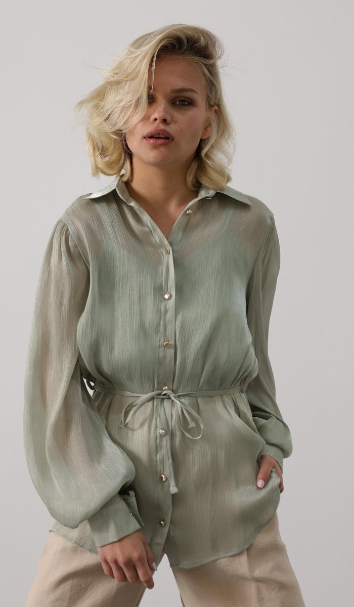 Belden Bağlamalı Uzun Kol Gömlek - Haki STD