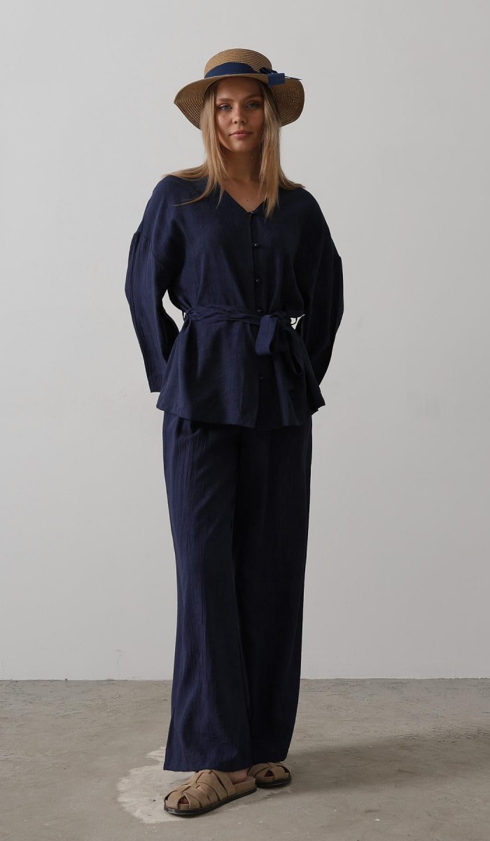 Beli Bağlamalı Tunik Ve Beli Bağlamalı Pantolon Takım - Lacivert STD rt20289