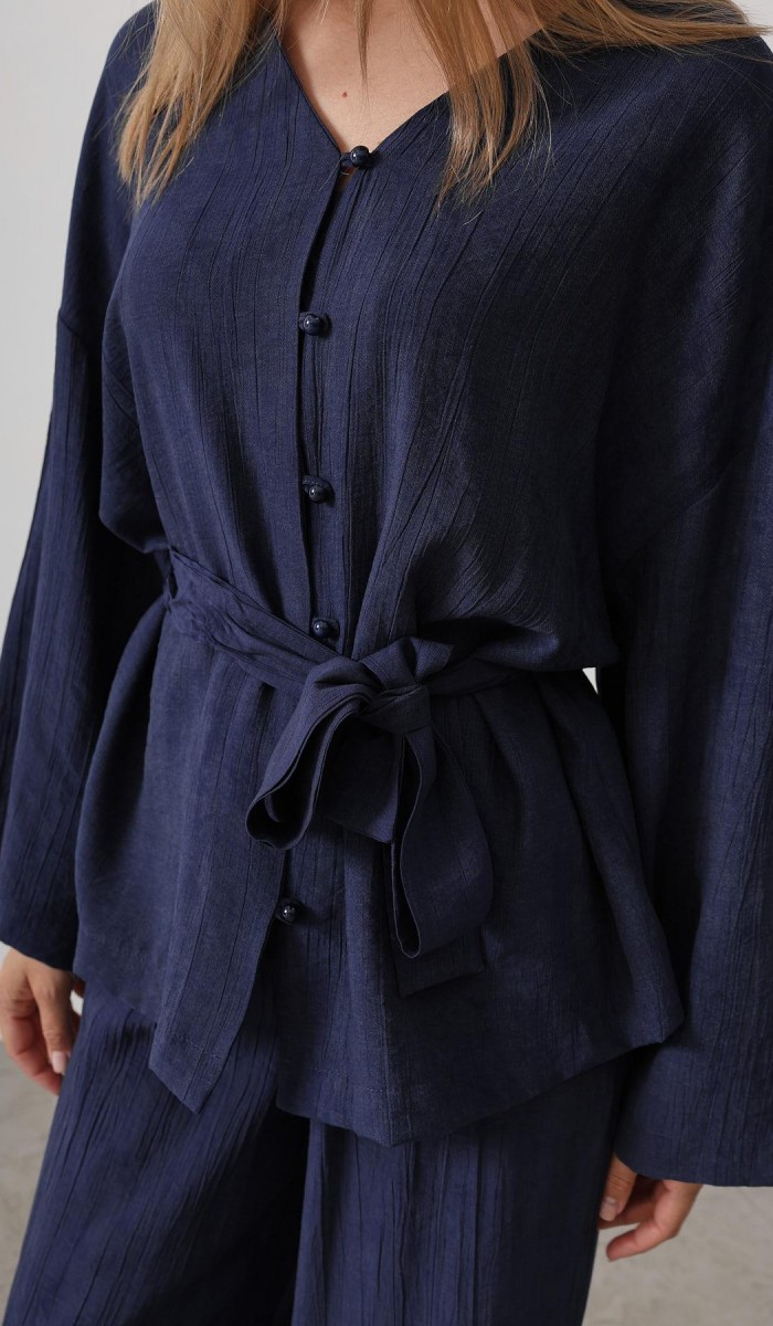 Beli Bağlamalı Tunik Ve Beli Bağlamalı Pantolon Takım - Lacivert STD rt20289