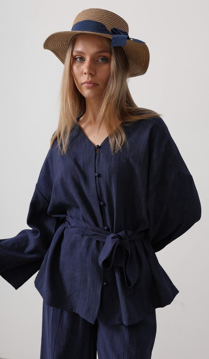 Beli Bağlamalı Tunik Ve Beli Bağlamalı Pantolon Takım - Lacivert STD rt20289