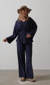 Beli Bağlamalı Tunik Ve Beli Bağlamalı Pantolon Takım - Lacivert STD rt20289