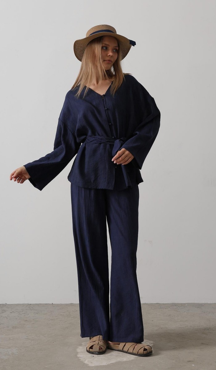 Beli Bağlamalı Tunik Ve Beli Bağlamalı Pantolon Takım - Lacivert STD rt20289