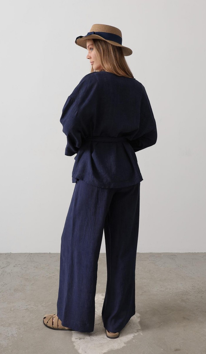 Beli Bağlamalı Tunik Ve Beli Bağlamalı Pantolon Takım - Lacivert STD rt20289