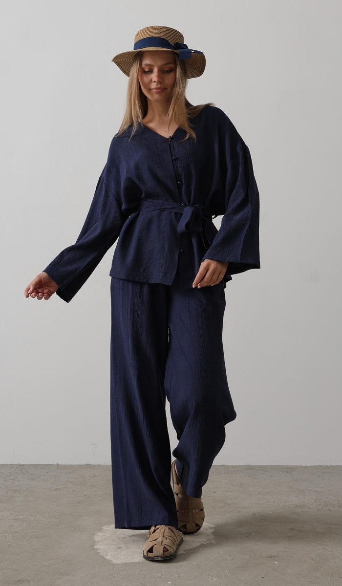 Beli Bağlamalı Tunik Ve Beli Bağlamalı Pantolon Takım - Lacivert STD Beli Bağlamalı Tunik Ve Beli Bağlamalı Pantolon Takım - Lacivert STD