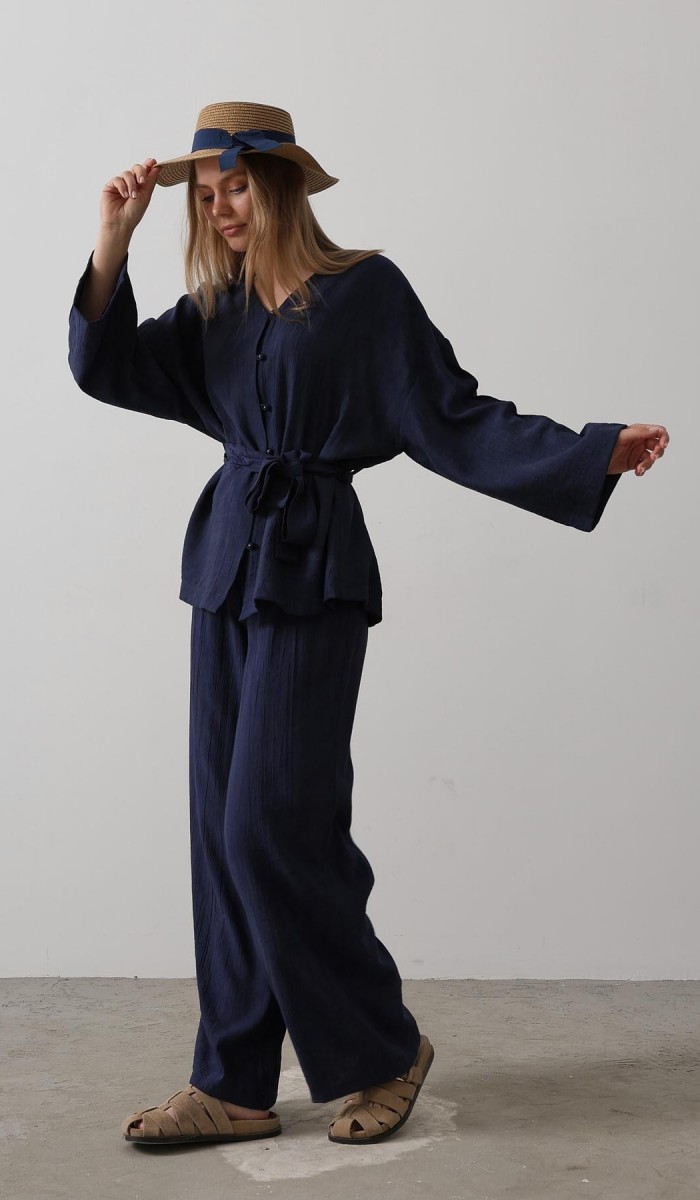 Beli Bağlamalı Tunik Ve Beli Bağlamalı Pantolon Takım - Lacivert STD rt20289