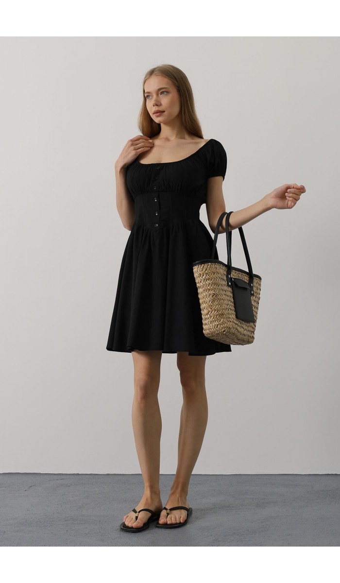 Beli Korseli Mini Elbise - Siyah STD