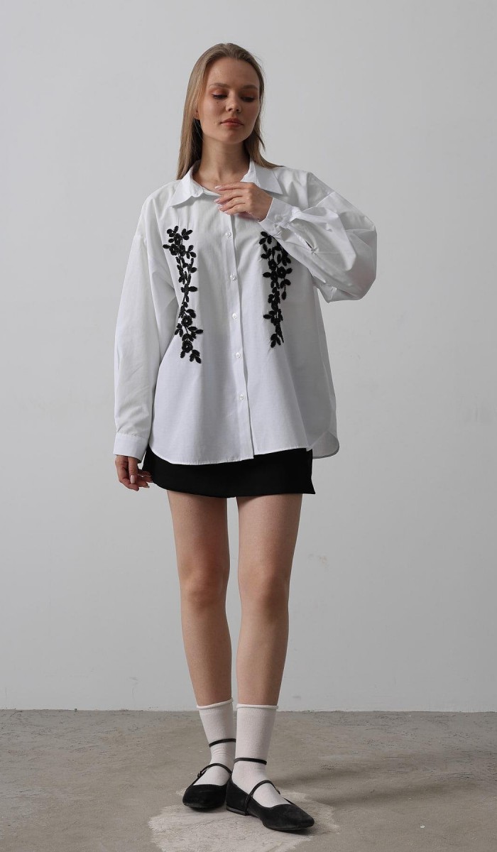 Boncuk Nakış Detaylı uzun Gömlek - Beyaz STD