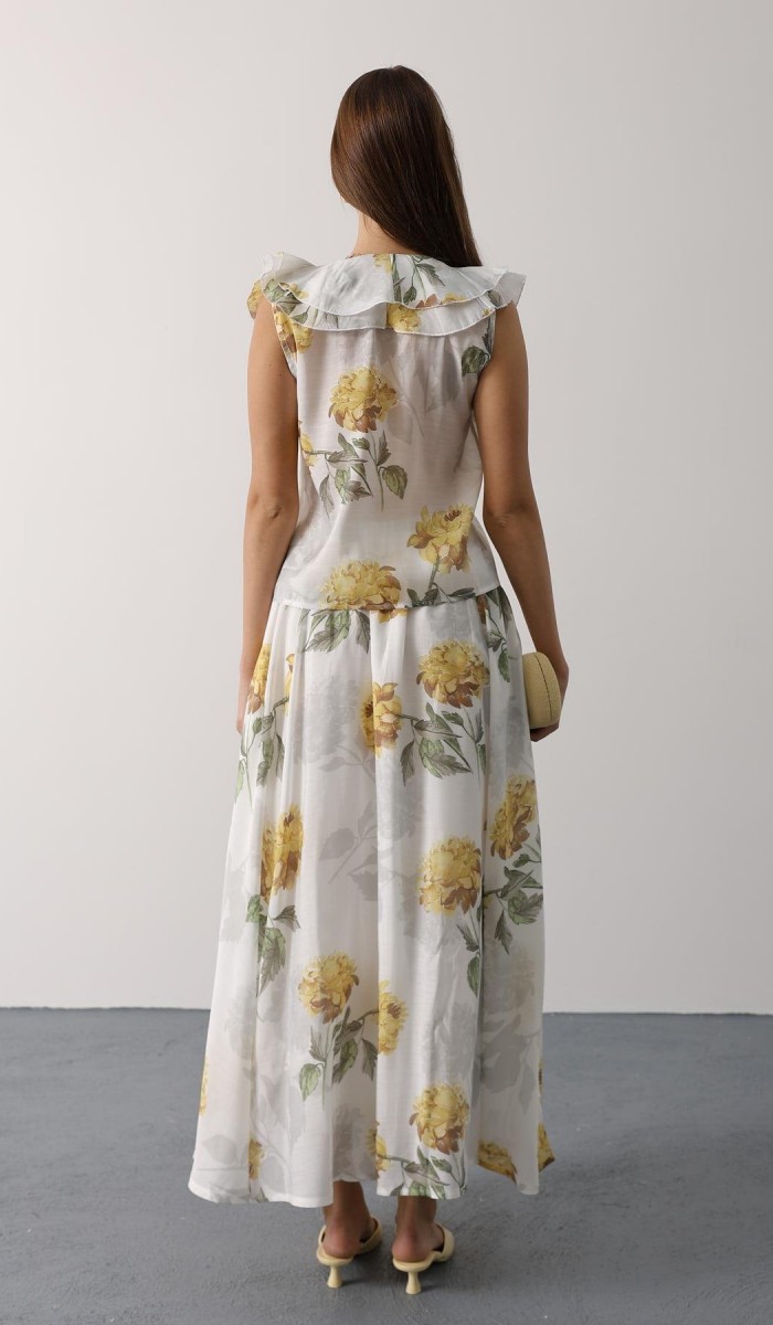 ÇİÇEK DESEN YAKASI FIRFIRLI BLUZ - Sarı STD rt21051