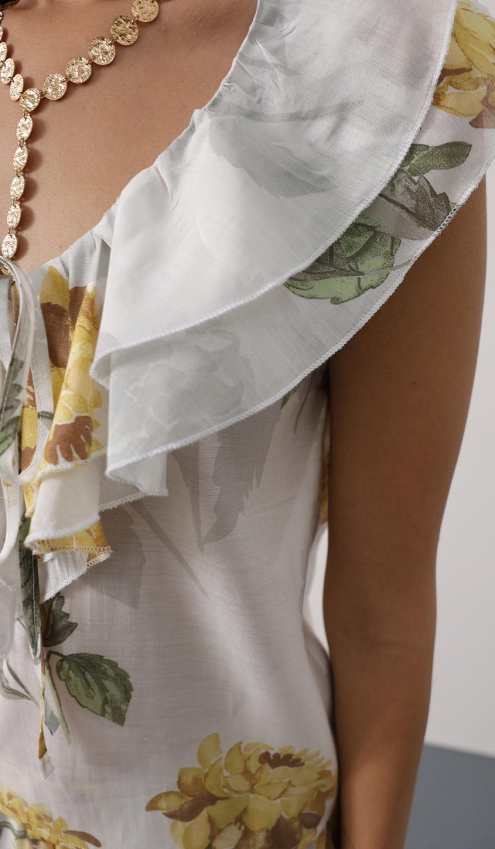 ÇİÇEK DESEN YAKASI FIRFIRLI BLUZ - Sarı STD rt21051