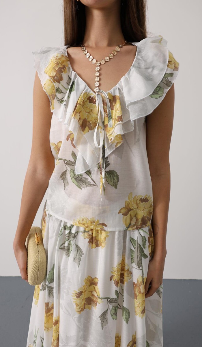 ÇİÇEK DESEN YAKASI FIRFIRLI BLUZ - Sarı STD rt21051