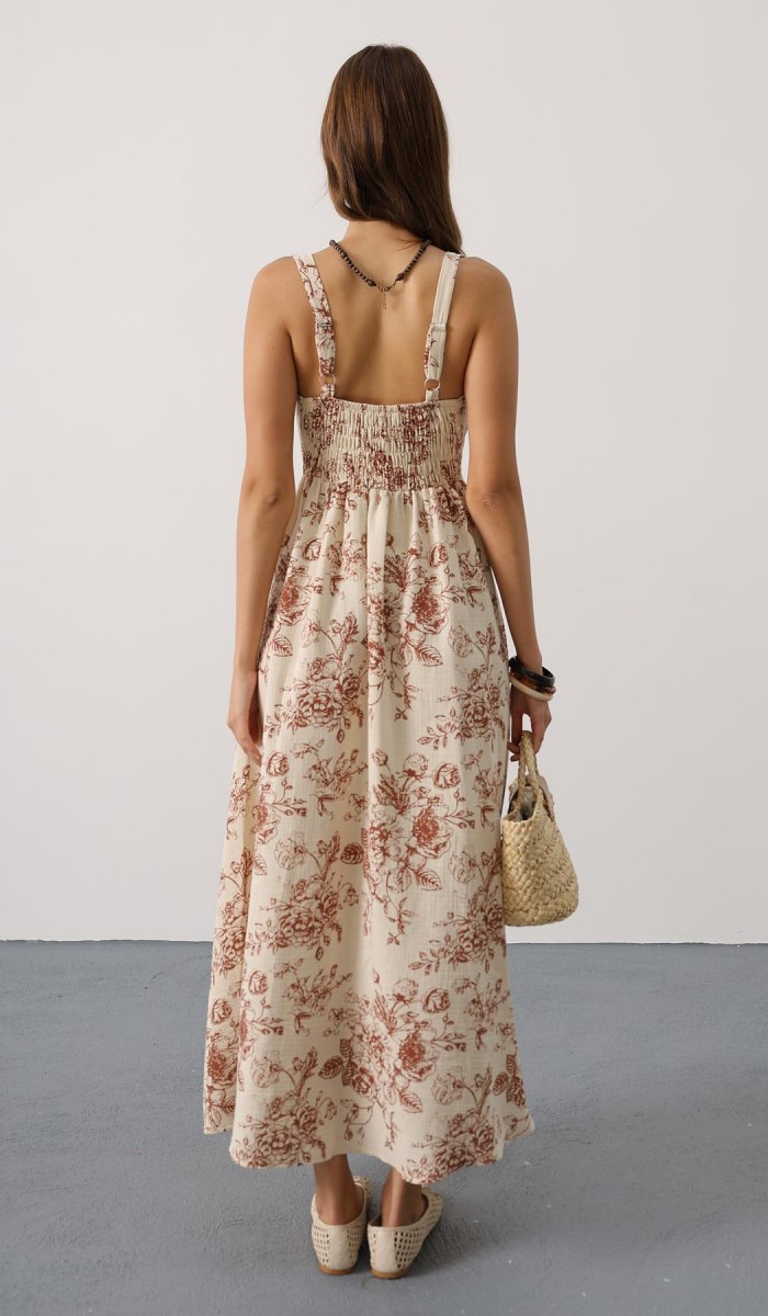 Çicek desenli askılı müslin - Kahve STD rt21065