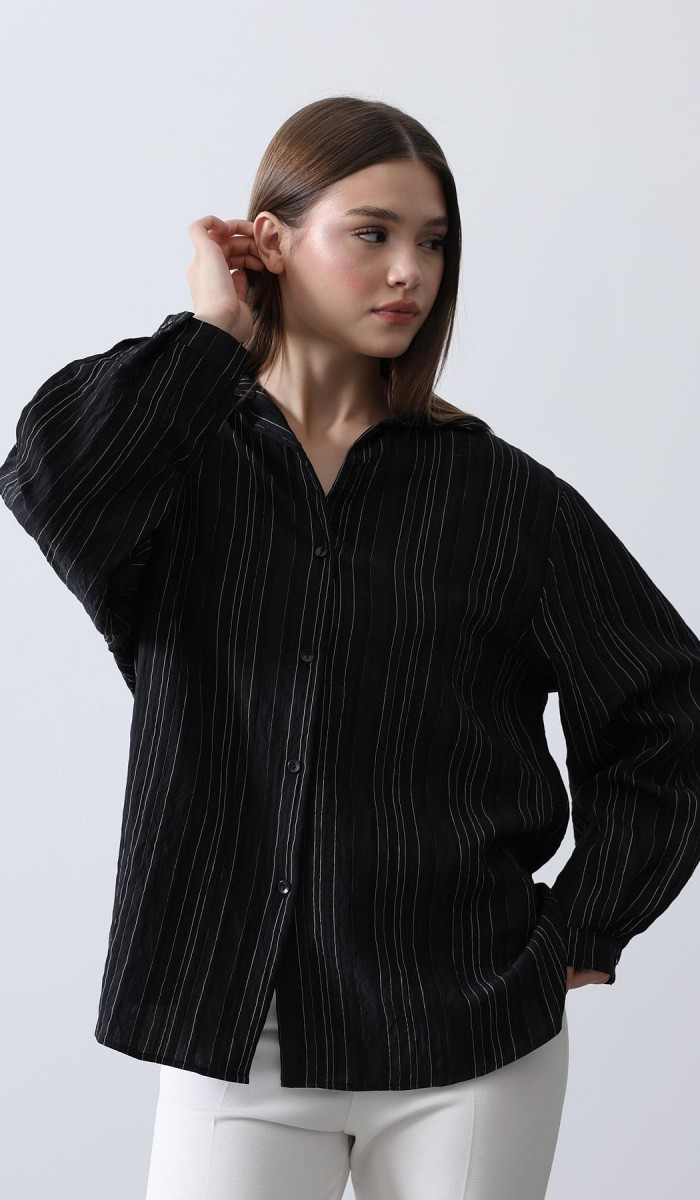 Çizgili İnce Gömlek - Siyah STD Çizgili İnce Gömlek - Siyah STD