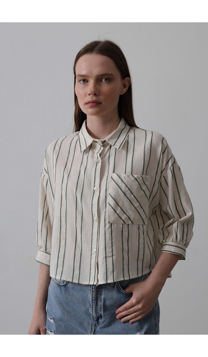 Çizgili Kısa Gömlek - Bej-Yeşil STD