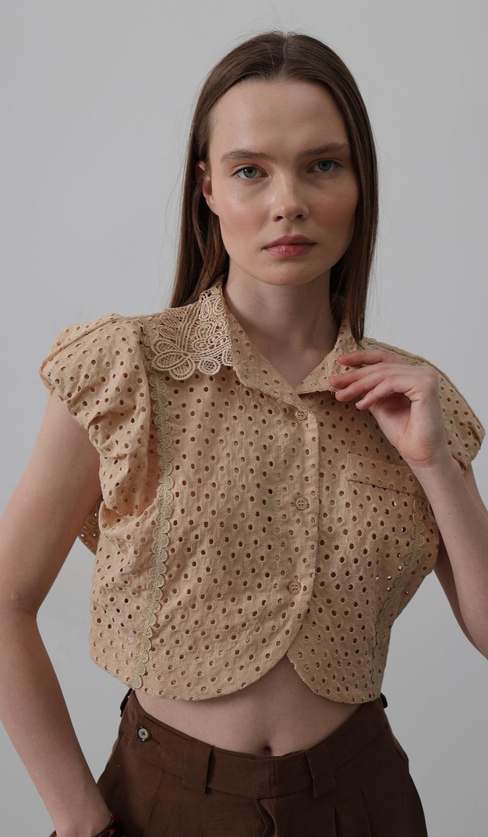 Dantel Yaka Vatkalı Bluz - Taş STD rt20200