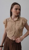 Dantel Yaka Vatkalı Bluz - Taş STD rt20200