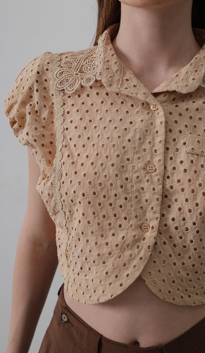 Dantel Yaka Vatkalı Bluz - Taş STD rt20200