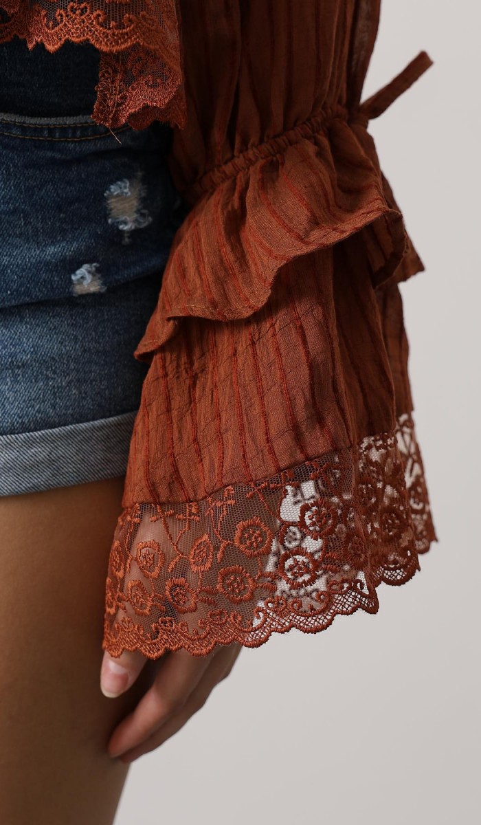 Dantelli Fırfırlı Bohem Bluz - Kahve STD rt20960