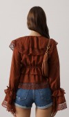 Dantelli Fırfırlı Bohem Bluz - Kahve STD rt20960