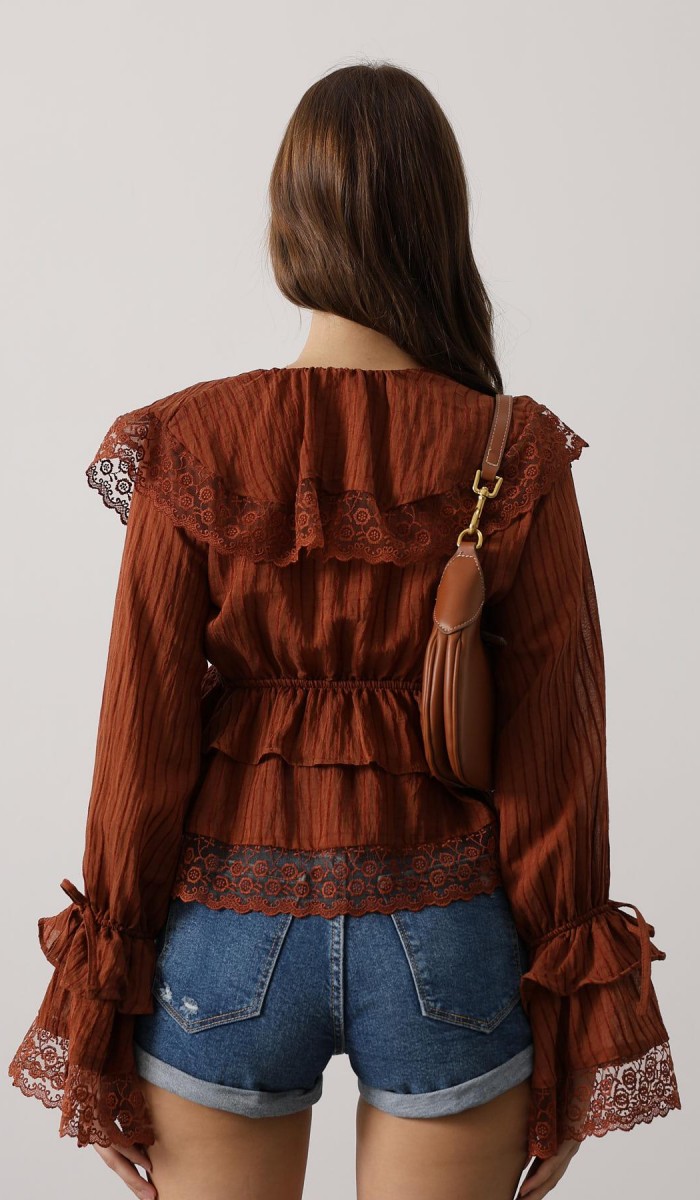 Dantelli Fırfırlı Bohem Bluz - Kahve STD rt20960