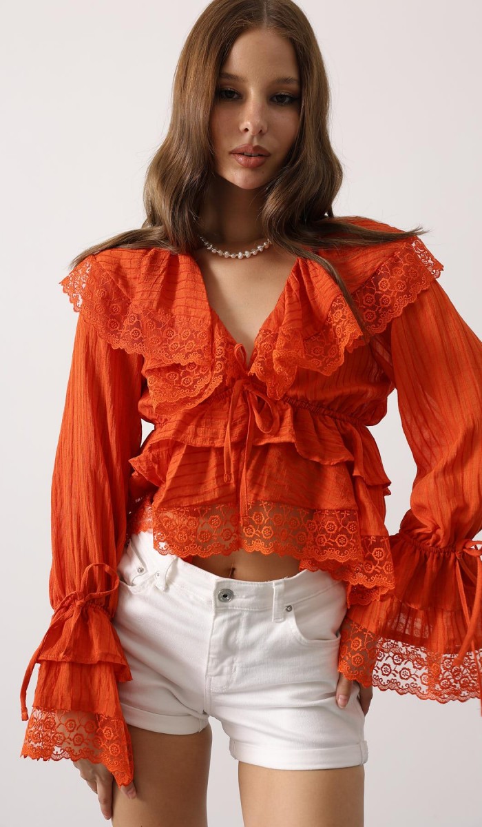 Dantelli Fırfırlı Bohem Bluz - Kırmızı STD rt20961