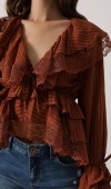 Dantelli Fırfırlı Bohem Bluz - Kahve STD rt20960