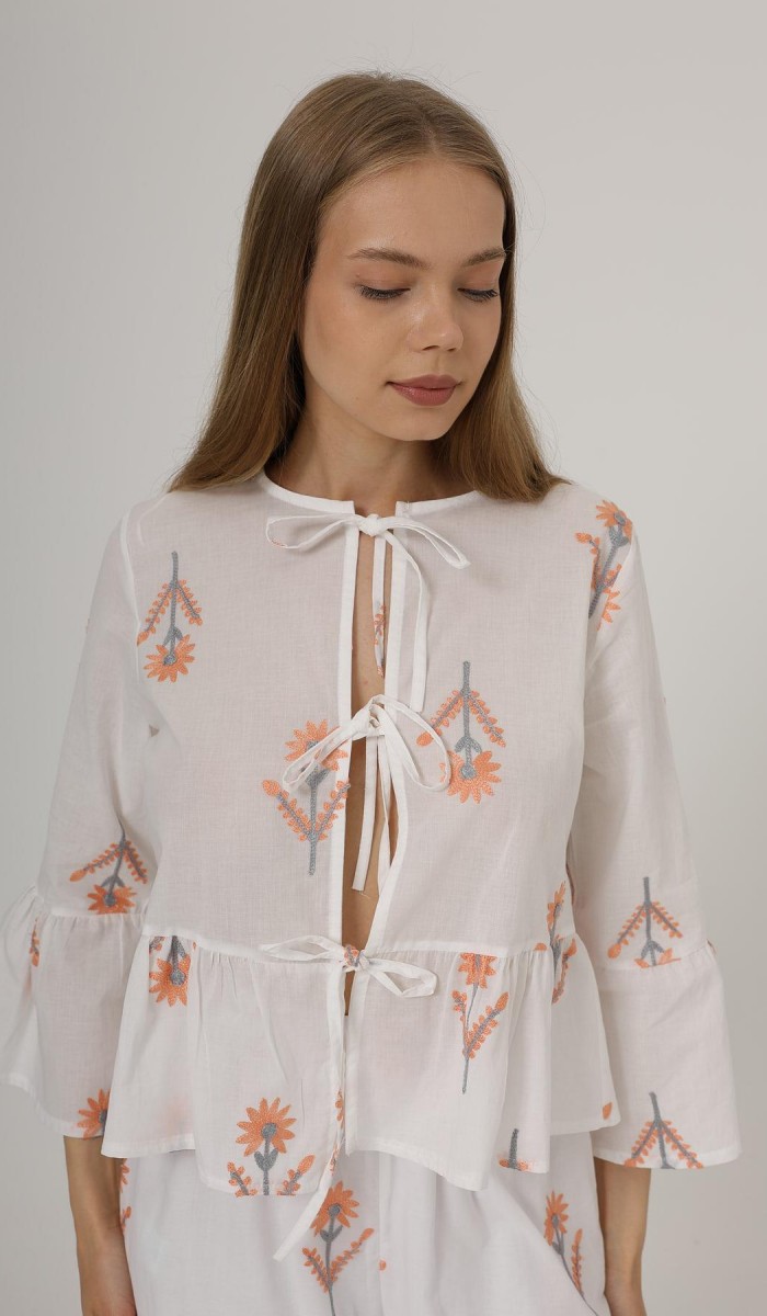 Fiyonk Bağlamalı Brode Bluz - Beyaz STD rt20099