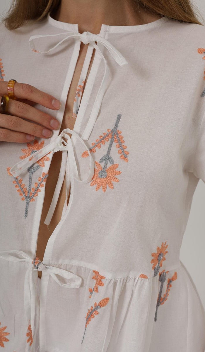 Fiyonk Bağlamalı Brode Bluz - Beyaz STD rt20099